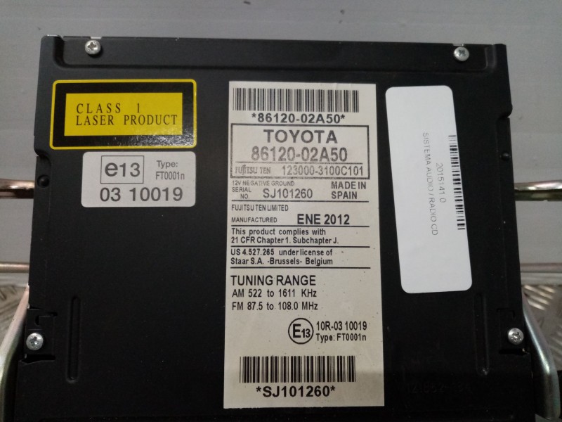 Recambio de sistema audio / radio cd para toyota auris referencia OEM IAM 86120-02A50 123000-3100 