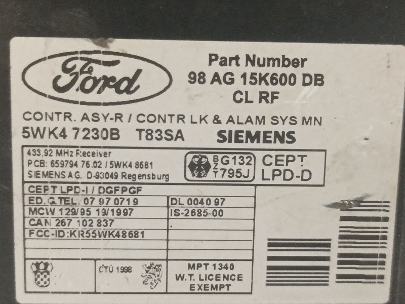 Recambio de modulo electronico para ford focus berlina (cak) ambiente referencia OEM IAM 98AG15K600DB 5WK47230B 