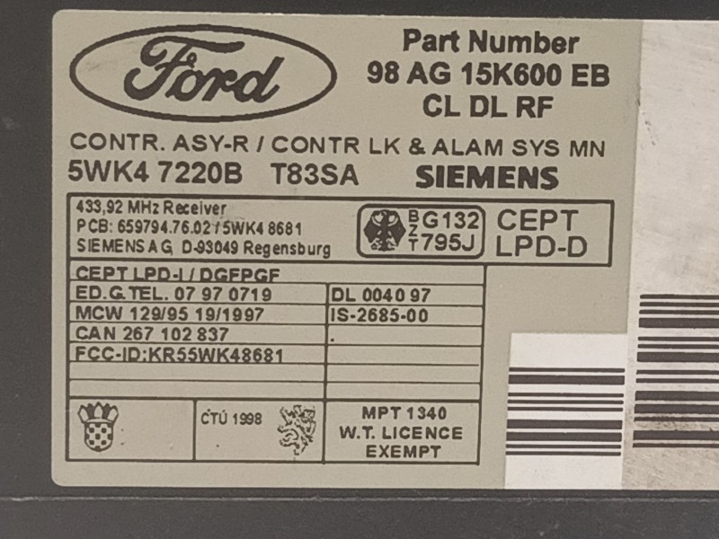 Recambio de centralita cierre para ford mondeo familiar (gd) referencia OEM IAM 98AG15K600EB 5WK47220B 