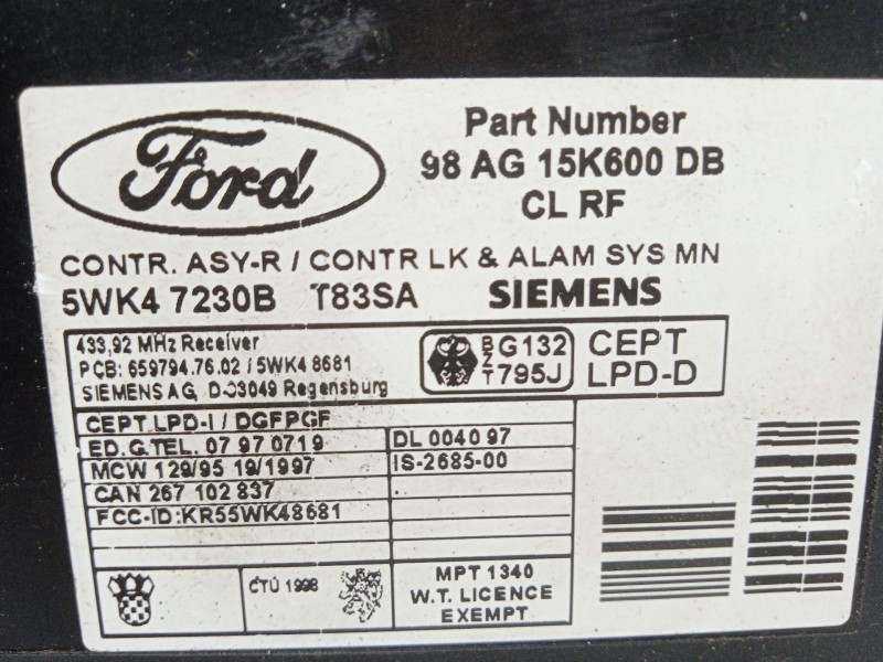 Recambio de centralita cierre para ford focus i referencia OEM IAM 98AG15K600 5WK47230B 