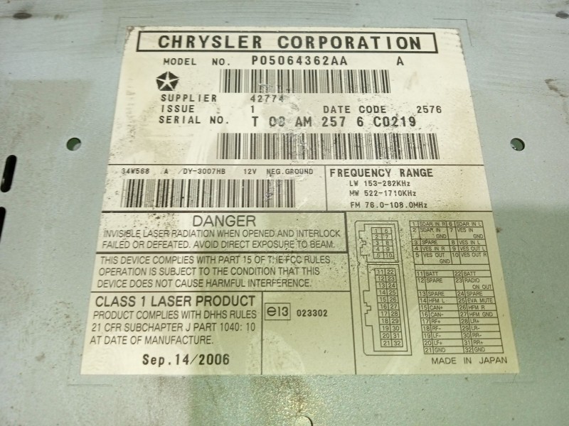 Recambio de sistema audio / radio cd para dodge caliber 2.0 crd referencia OEM IAM P05064362AA  