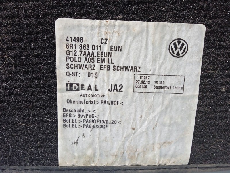 Recambio de alfombrilla para vw polo v (6r1, 6c1) 1.2 tsi referencia OEM IAM 6R1863011  