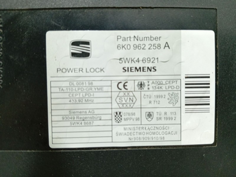 Recambio de modulo electronico para seat ibiza ii (6k1) 1.0 i referencia OEM IAM 6K0962258 5WK46921 