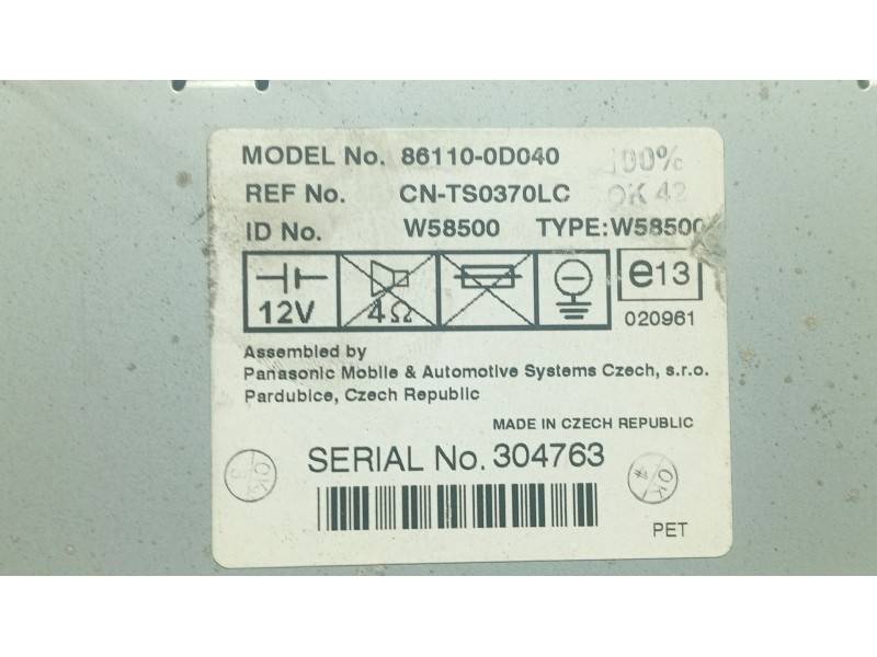 Recambio de sistema audio / radio cd para toyota yaris (_p1_) 1.3 (scp12_, scp13_) referencia OEM IAM   