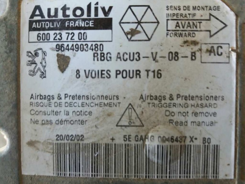 Recambio de centralita airbag para peugeot 206 berlina 2.0 hdi cat   |   0.98 - ... | 1998 | 90 cv / 66 kw referencia OEM IAM 60